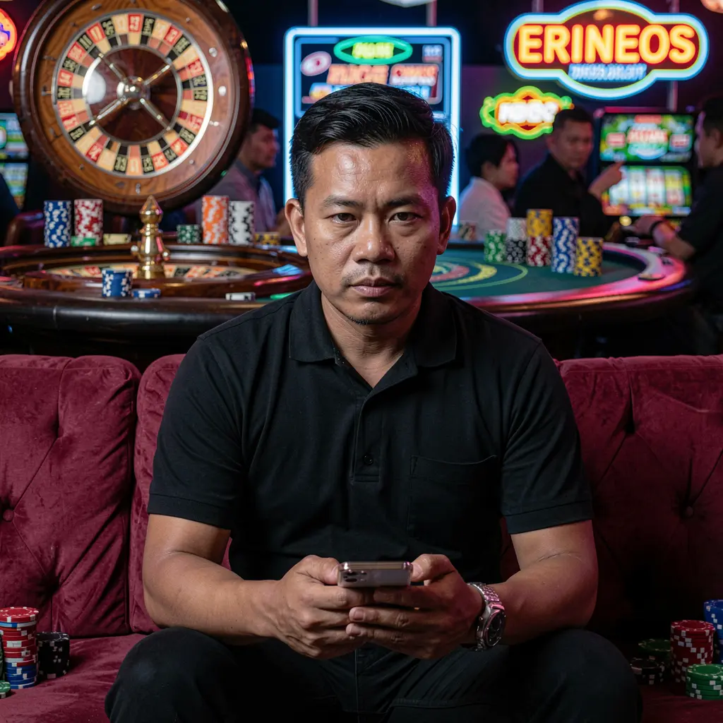 Stylish Filipino player using the DDPH casino app on a sofa with glowing roulette wheels and poker chips creating a premium mobile gaming mood