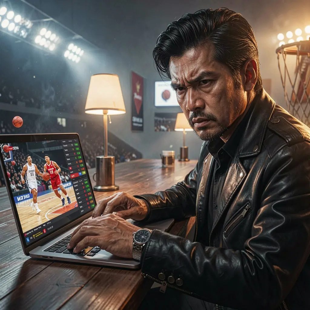 Focused Filipino bettor using the DDPH sports betting platform on a laptop while watching a live basketball game at home