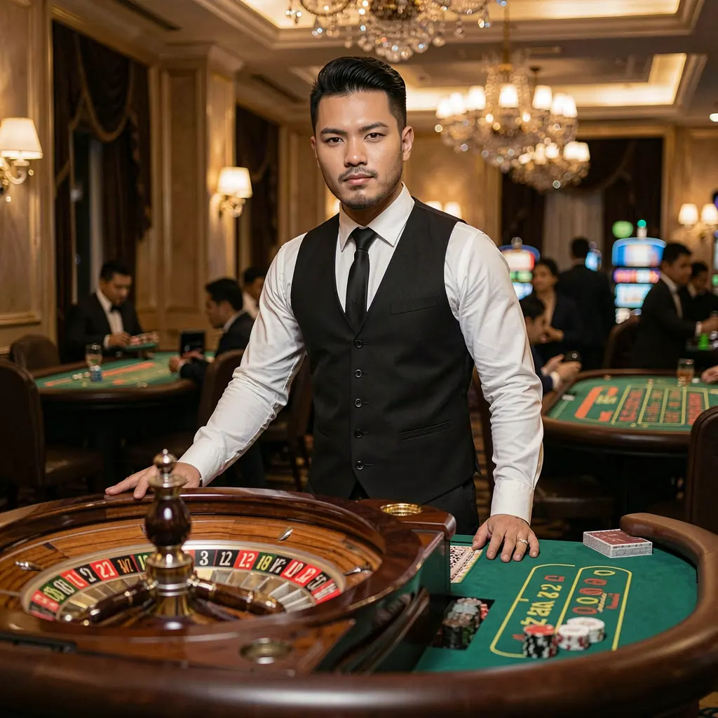 Professional casino dealer standing confidently at a glowing roulette table inside a luxury casino atmosphere showcasing the premium live casino experience at DDPH for players in the Philippines