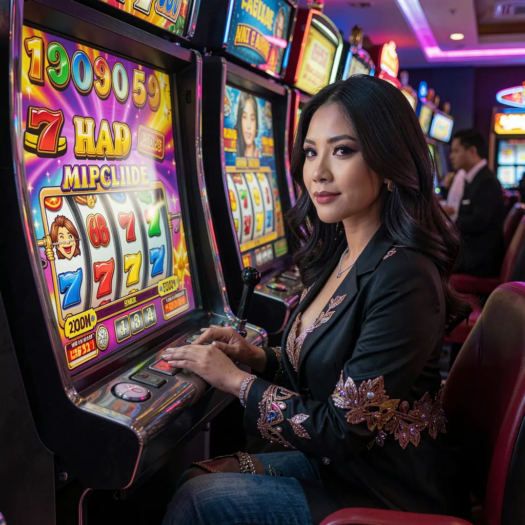 An elegant woman in a luxurious red dress playing a glowing slot machine in a modern casino atmosphere showcasing the premium gaming style of DDPH in the Philippines